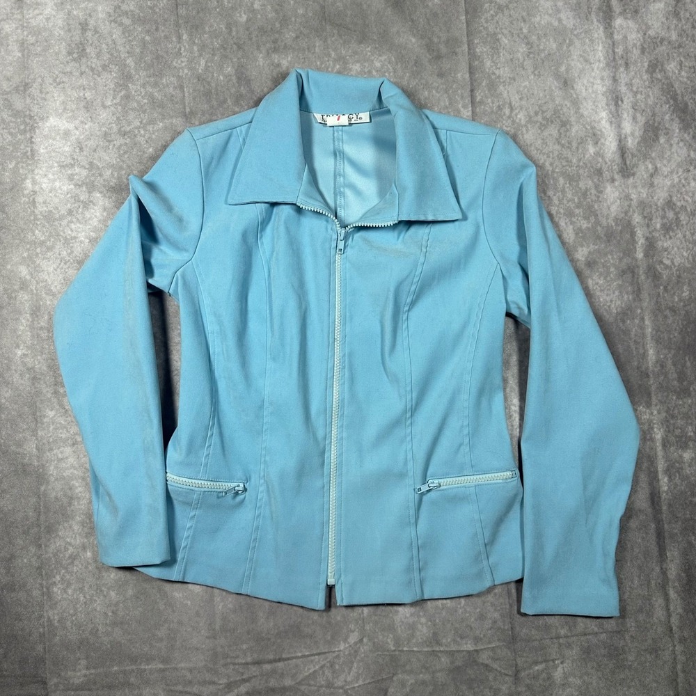 Vintage 90s Trilogy Rampage Light Blue Zip Up Jacket Women M USA Made Minimalist